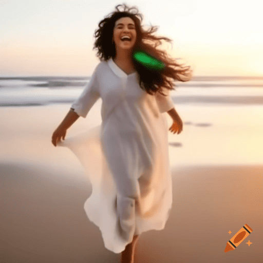 uma mulher correndo na praia, feliz por aumentar a autoconfiança