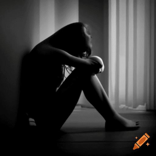 uma mulher sentada no chão, acuada, com depressão, uma causa emocional da fibromialgia