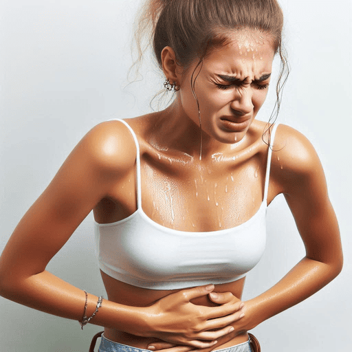 uma mulher com sintoma fisico de ansiedade, suando e com dor abdominal