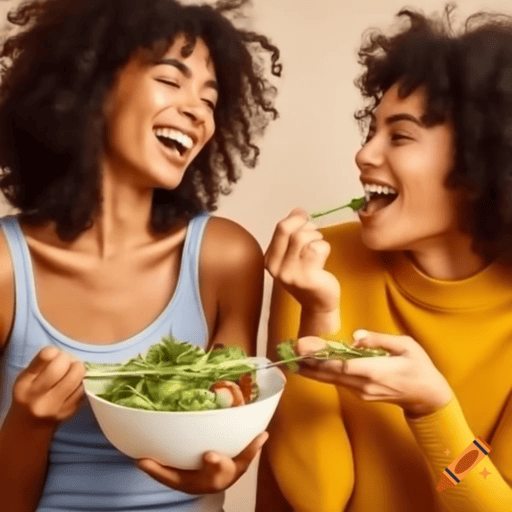duas mulheres comendo salada para melhorar a saude mental e alimentação
