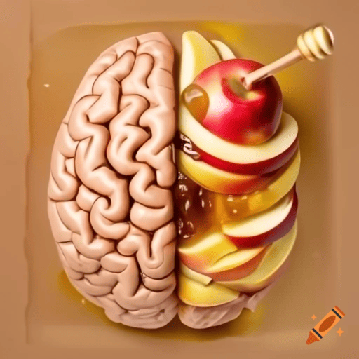 desenho de um cérebro com maças e mel, representando a conexão da saúde mental e alimentação