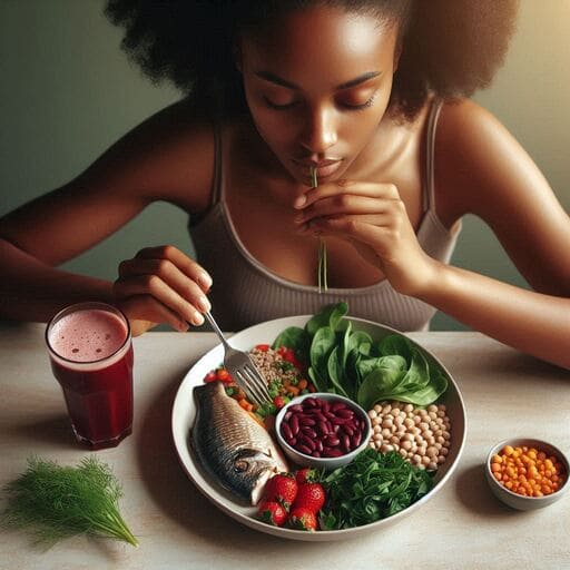 uma mulher fazendo uma refeição que mostra a importância da relação entre alimentação e fibromialgia