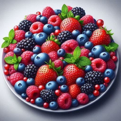 um prato de frutas vermelhas, essencial para alimentação e fibromialgia