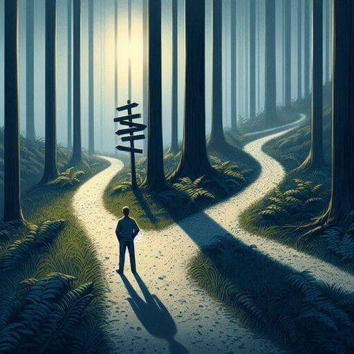 pessoa pensando em como fazer escolhas em uma bifurcação em uma trilha