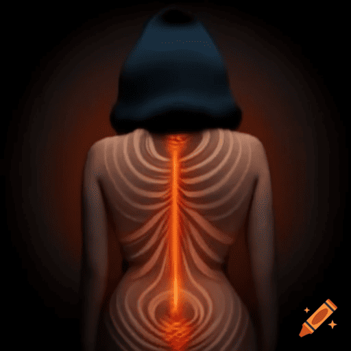 uma mulher de costas, mostrando linhas pela coluna representando a característica difusa da dor da fibromialgia