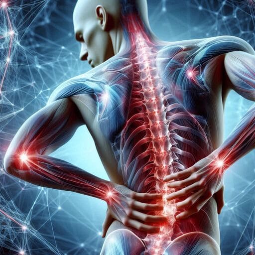Homem com as mãos sobre a região lombar, com dor de fibromialgia.