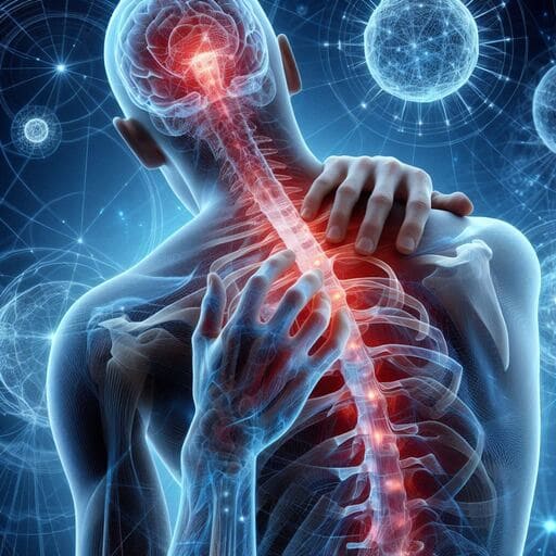 Homem com as mãos sobre a os ombros, com dor de fibromialgia.