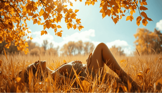 mulher deitada no chão, cheia de saúde no outono