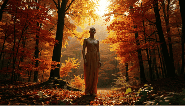mulher no meio da floresta, com saúde no outono