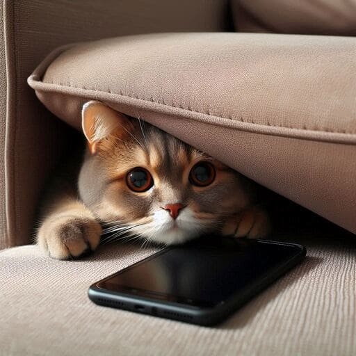 desafio do destralhe: gato escondendo celular em baixo do sofá