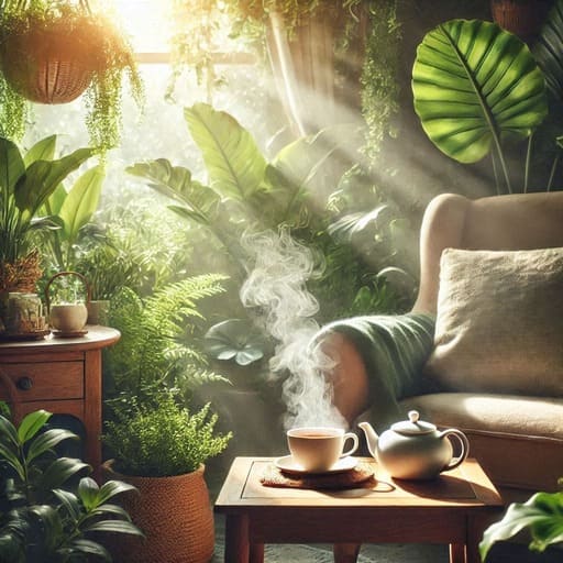 poltrona vazia, uma xicara de chá quente, muityas plantas na sala, prara a pratica de gounding