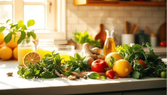 mesa com alimentos naturais para curar a ressaca