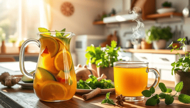 mesa com bebidas naturais para curar a ressaca