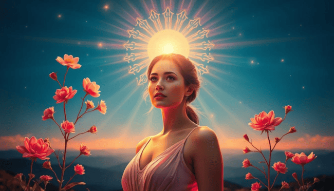 mulher em fundo com flores com o poder do sagrado feminino