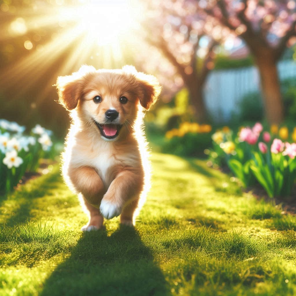 um cachorro correndo em um belo jardim, ilustrando a simplicidade do desafio da felicidade