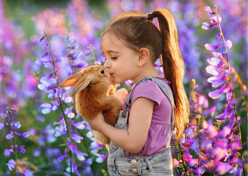uma menina, em um campo de flores, beijando um coelho da páscoa
